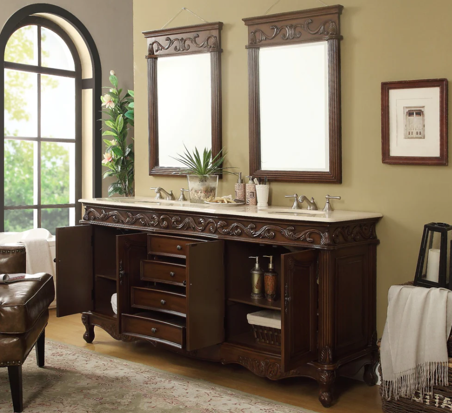 Adelina 72 Inch Antique Double Bathroom Vanity Fully Assembled Cream Marble Counter Top 1961